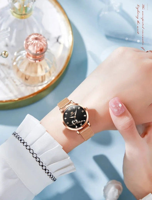 Mandotos OLEVS luxury ladies' watch with rose gold stainless steel mesh strap and love dial, featuring original quartz movement.