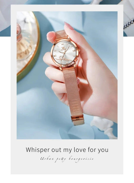 Mandotos OLEVS luxury women's rose gold quartz watch with stainless steel mesh strap and love-themed dial.