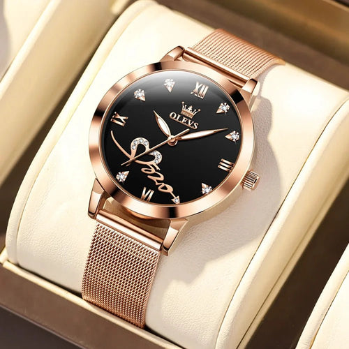 Mandotos OLEVS luxury women's rose gold quartz watch with stainless steel mesh strap and love dial design.
