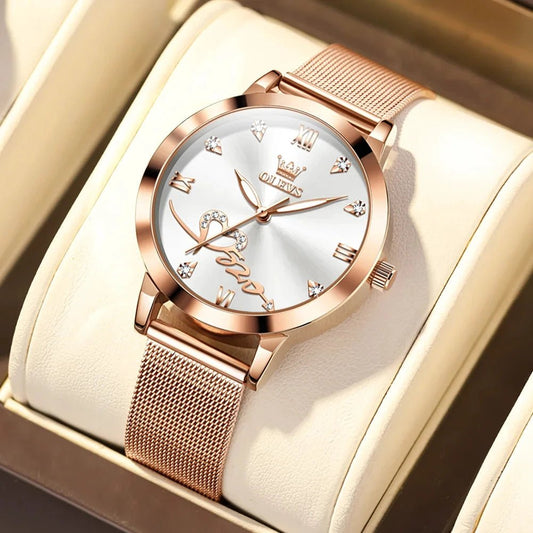 Mandotos OLEVS luxury ladies' watch with rose gold finish, stainless steel mesh strap, love dial, and quartz movement.
