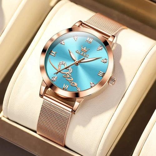 Mandotos OLEVS luxury ladies' watch with rose gold stainless steel mesh strap and love dial, featuring original quartz movement.