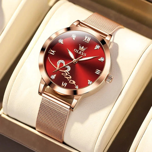 Mandotos OLEVS luxury women's rose gold fashion watch with stainless steel mesh strap and love dial.