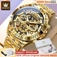 Mandotos OLEVS luxury men's gold skeleton stainless steel chronograph watch with luminous dial and waterproof quartz movement.