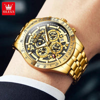 Mandotos OLEVS Lxuxry gold men's skeleton stainless steel chronograph wristwatch with luminous dial and waterproof quartz movement.