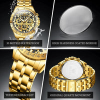 Mandotos OLEVS luxury gold men's skeleton stainless steel chronograph wristwatch with luminous dial and waterproof quartz movement.