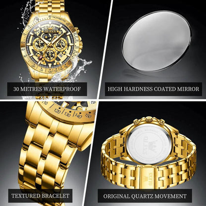OLEVS Lxuxry Brand Gold Men's Watches Full Skeleton Stainless steel Chronograph Wristwatch Waterproof Luminous Quartz Watch Men - MANDOTOS