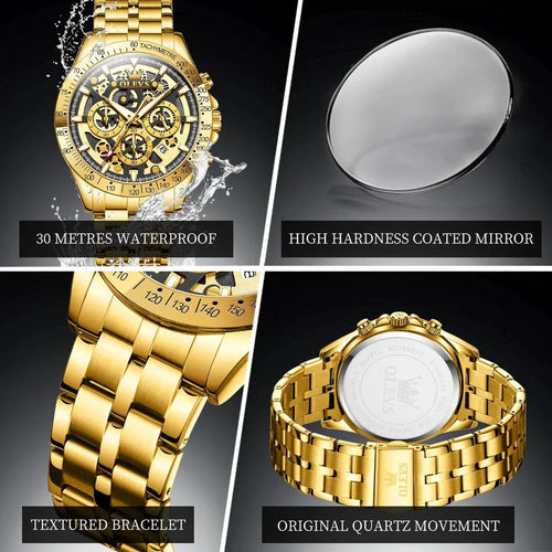 Mandotos OLEVS luxury gold men's skeleton stainless steel chronograph wristwatch with luminous dial and waterproof quartz movement.