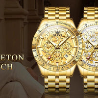 Mandotos OLEVS luxury men's gold skeleton stainless steel chronograph wristwatch with luminous dial and waterproof quartz movement.