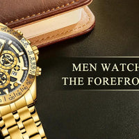 Mandotos OLEVS luxury gold men's skeleton stainless steel chronograph wristwatch with luminous dial and waterproof quartz movement.