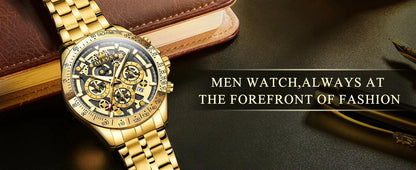 OLEVS Lxuxry Brand Gold Men's Watches Full Skeleton Stainless steel Chronograph Wristwatch Waterproof Luminous Quartz Watch Men - MANDOTOS