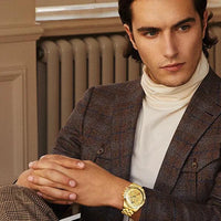 Mandotos OLEVS luxury men's gold skeleton stainless steel chronograph wristwatch with luminous dial and waterproof design.