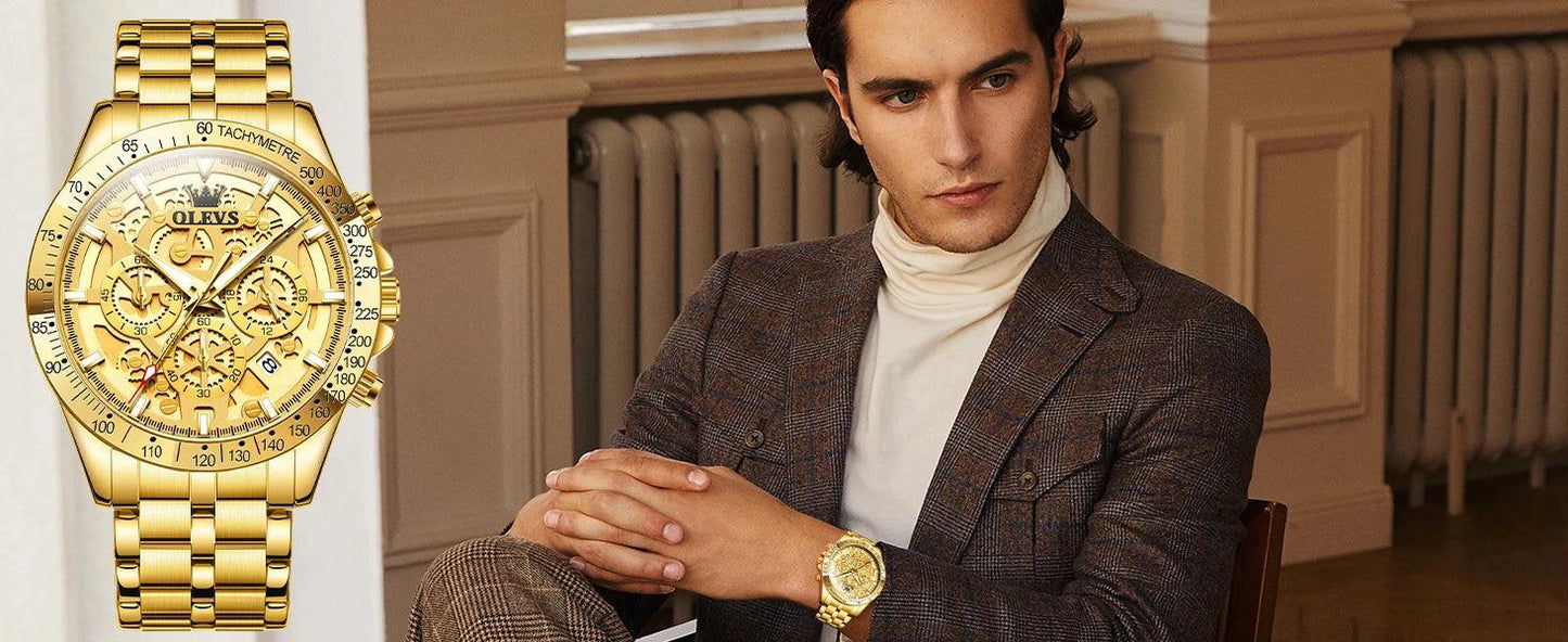 Mandotos OLEVS luxury men's gold skeleton stainless steel chronograph wristwatch with luminous dial and waterproof design.