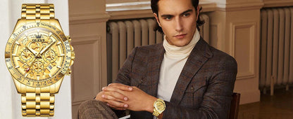 OLEVS Lxuxry Brand Gold Men's Watches Full Skeleton Stainless steel Chronograph Wristwatch Waterproof Luminous Quartz Watch Men - MANDOTOS