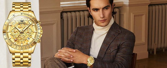 Mandotos OLEVS luxury men's gold skeleton stainless steel chronograph wristwatch with luminous dial and waterproof design.