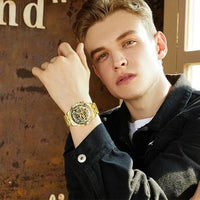 Mandotos OLEVS luxury gold men's skeleton stainless steel chronograph wristwatch with luminous dial and waterproof quartz movement.