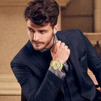 Mandotos OLEVS luxury men's gold skeleton stainless steel chronograph wristwatch with luminous dial and waterproof quartz movement