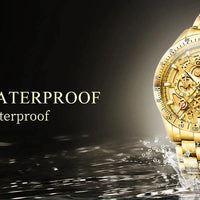 Mandotos OLEVS luxury gold men's skeleton stainless steel chronograph wristwatch with luminous dial and waterproof design.