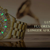 Mandotos OLEVS luxury men's gold skeleton stainless steel chronograph wristwatch with luminous dial and waterproof quartz movement.