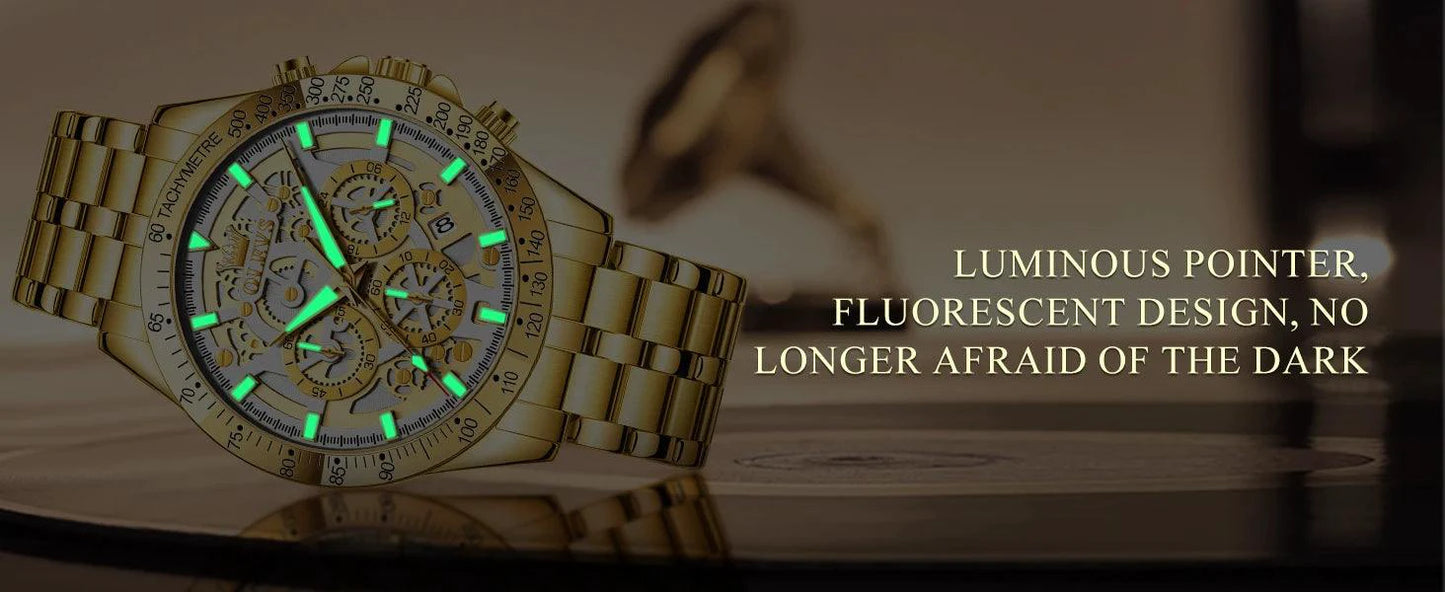 Mandotos OLEVS luxury men's gold skeleton stainless steel chronograph wristwatch with luminous dial and waterproof quartz movement.