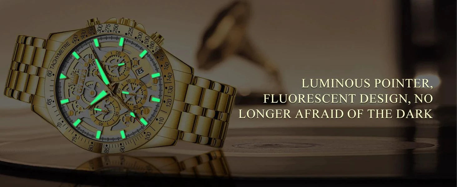 Mandotos OLEVS luxury men's gold skeleton stainless steel chronograph wristwatch with luminous dial and waterproof quartz movement.