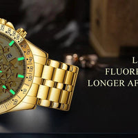 Mandotos OLEVS luxury gold men's skeleton stainless steel chronograph wristwatch with luminous dial and waterproof quartz movement.