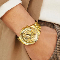 Mandotos OLEVS luxury gold men's skeleton chronograph wristwatch with stainless steel band, luminous dial, waterproof, quartz movement.