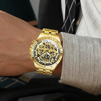 Mandotos OLEVS luxury men's gold skeleton chronograph wristwatch with stainless steel band, luminous dial, waterproof, quartz movement.