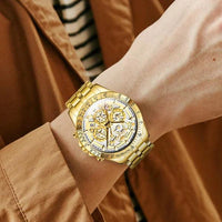 Mandotos OLEVS luxury gold men's skeleton stainless steel chronograph wristwatch with luminous dial and waterproof quartz movement.
