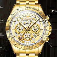Mandotos OLEVS Lxuxry men's gold skeleton stainless steel chronograph wristwatch with luminous dial and waterproof quartz movement.