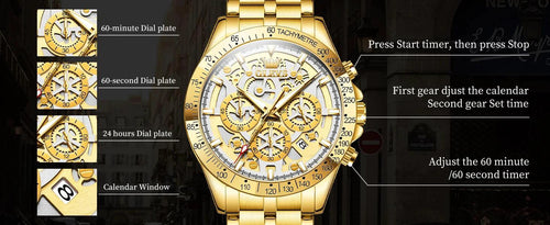 Mandotos OLEVS Lxuxry men's gold skeleton stainless steel chronograph wristwatch with luminous dial and waterproof quartz movement.