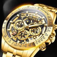 Mandotos OLEVS luxury gold men's skeleton chronograph wristwatch with stainless steel band, luminous dial, waterproof, quartz movement.