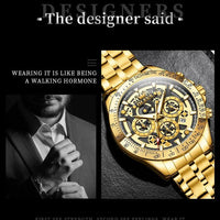 Mandotos OLEVS luxury men's gold skeleton stainless steel chronograph wristwatch with luminous dial and waterproof design.