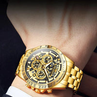 Mandotos OLEVS luxury men's gold skeleton stainless steel chronograph wristwatch with luminous dial and waterproof quartz movement.