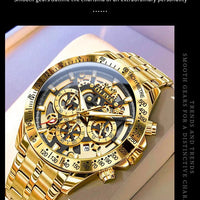 Mandotos OLEVS luxury gold men's skeleton chronograph wristwatch with stainless steel band, luminous dial, waterproof, quartz movement.