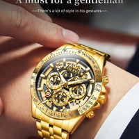 Mandotos OLEVS luxury men's gold skeleton stainless steel chronograph wristwatch with luminous dial and waterproof quartz movement.