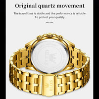 Mandotos OLEVS Luxury men's gold skeleton stainless steel chronograph wristwatch with luminous dial and waterproof quartz movement.