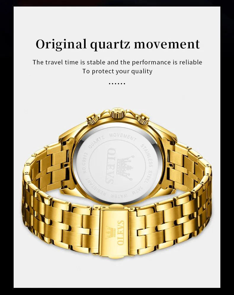 OLEVS Lxuxry Brand Gold Men's Watches Full Skeleton Stainless steel Chronograph Wristwatch Waterproof Luminous Quartz Watch Men - MANDOTOS