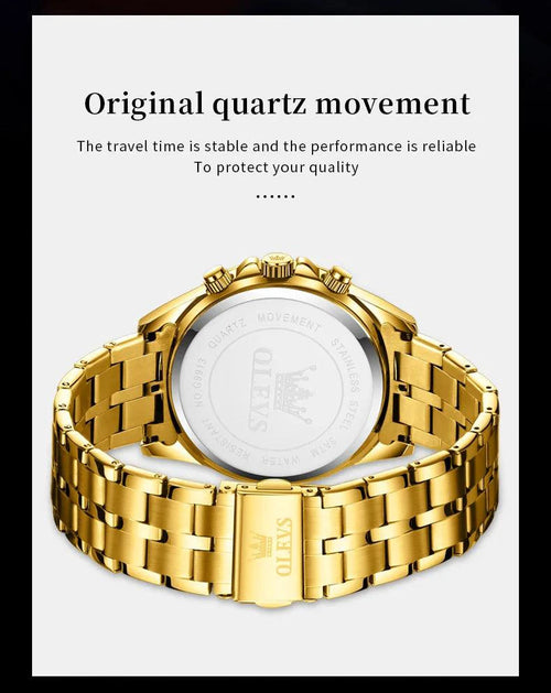 Mandotos OLEVS Luxury men's gold skeleton stainless steel chronograph wristwatch with luminous dial and waterproof quartz movement.