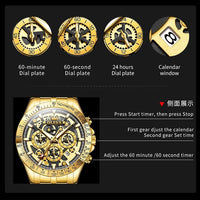 Mandotos OLEVS luxury gold men's skeleton stainless steel chronograph waterproof quartz wristwatch with luminous details