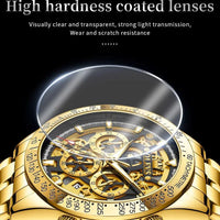 Mandotos OLEVS luxury men's gold skeleton stainless steel chronograph wristwatch with luminous dial and waterproof quartz movement.