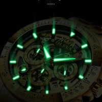 Mandotos OLEVS luxury gold men's skeleton stainless steel chronograph wristwatch with luminous dial and waterproof quartz movement
