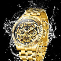 Mandotos OLEVS luxury men's gold skeleton stainless steel chronograph watch with luminous dial and waterproof quartz movement.