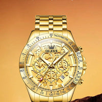 Mandotos OLEVS luxury men's gold skeleton stainless steel chronograph wristwatch with luminous dial and waterproof quartz movement.