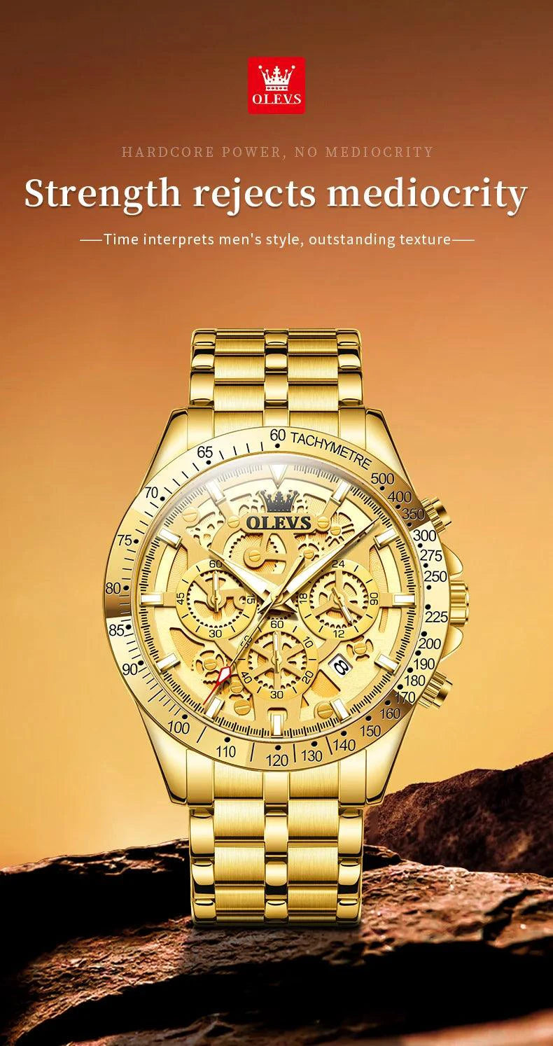 OLEVS Lxuxry Brand Gold Men's Watches Full Skeleton Stainless steel Chronograph Wristwatch Waterproof Luminous Quartz Watch Men - MANDOTOS