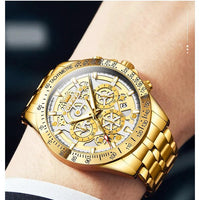 Mandotos OLEVS luxury gold men's skeleton stainless steel chronograph watch with luminous dial and waterproof quartz movement