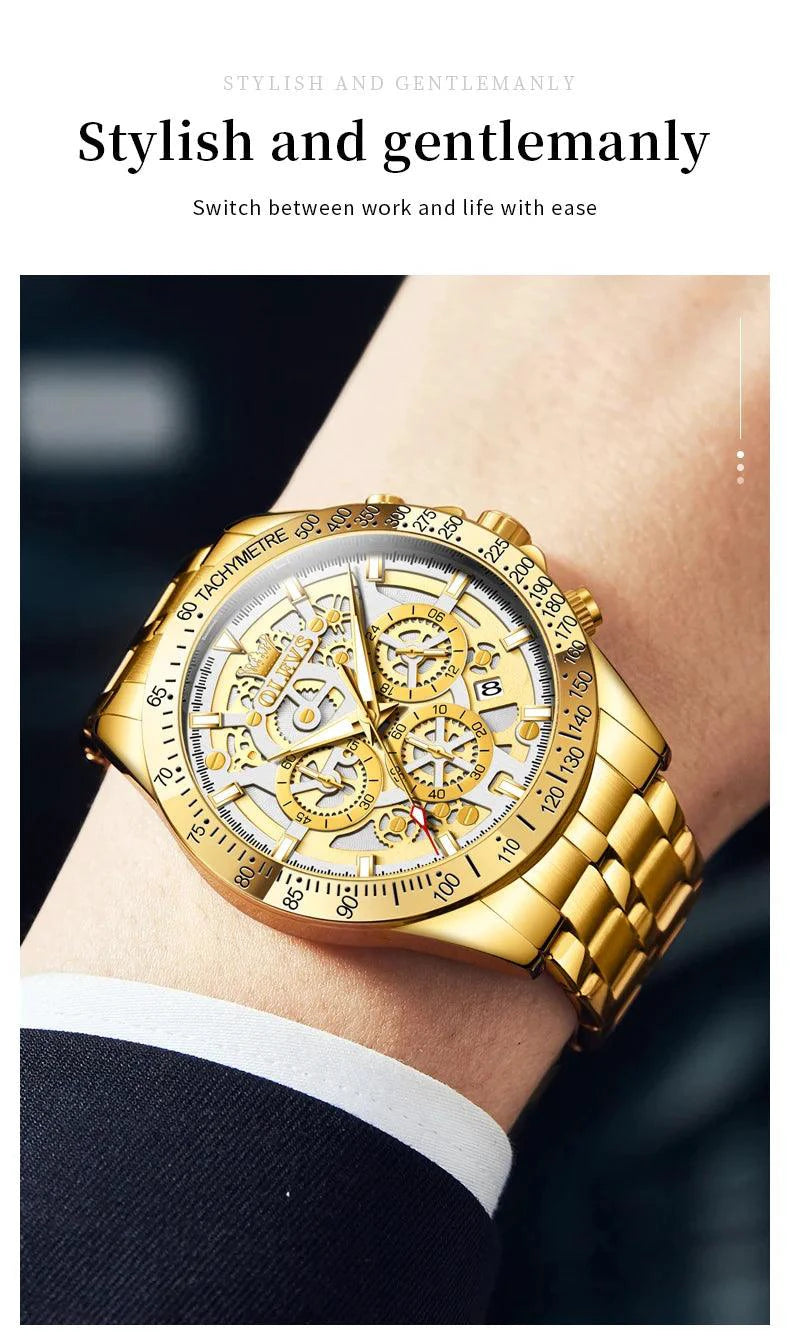 OLEVS Lxuxry Brand Gold Men's Watches Full Skeleton Stainless steel Chronograph Wristwatch Waterproof Luminous Quartz Watch Men - MANDOTOS
