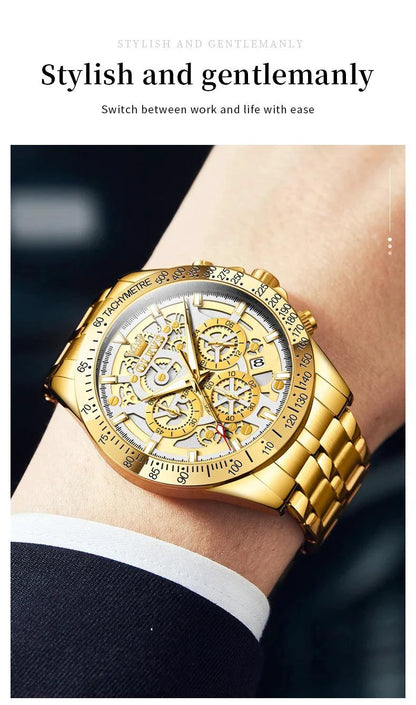 OLEVS Lxuxry Brand Gold Men's Watches Full Skeleton Stainless steel Chronograph Wristwatch Waterproof Luminous Quartz Watch Men - MANDOTOS