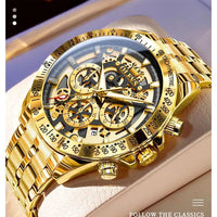 Mandotos OLEVS Luxury men's gold skeleton stainless steel chronograph waterproof quartz wristwatch with luminous dial.