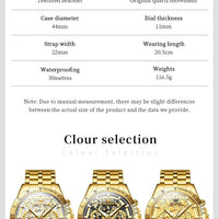 Mandotos OLEVS luxury gold men's skeleton stainless steel chronograph wristwatch with luminous dial and waterproof quartz movement.