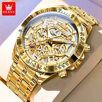 Mandotos OLEVS luxury men's gold skeleton stainless steel chronograph wristwatch with luminous dial and waterproof quartz movement.